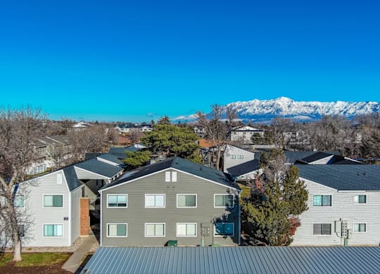 A row of houses with a mountain in the background.