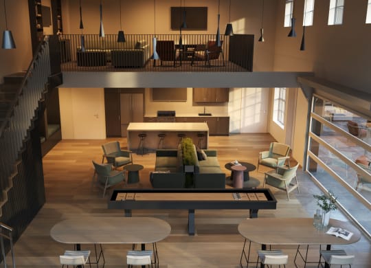 an upstairs view of a kitchen and living room