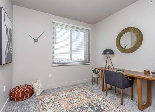 A room with a desk, chair, and a rug.