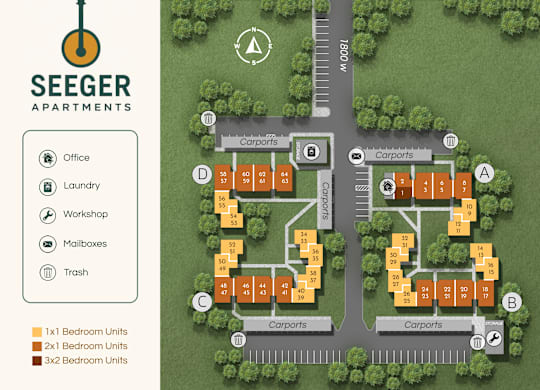 A map of Seeger Apartments showing the layout of the buildings and facilities.