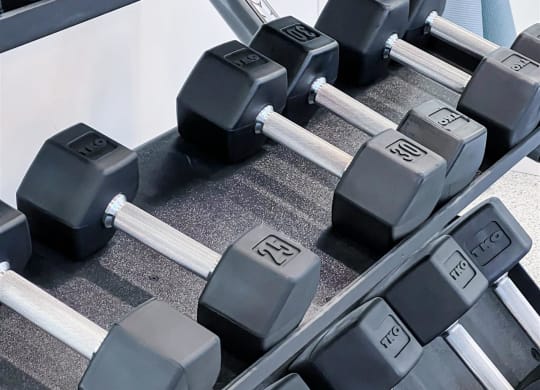 fitness center dumbbells at Crestview at Highland townhomes in Highland, UT