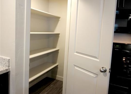 a white closet door in a kitchen with shelves