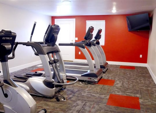 a gym with several exercise bikes and a television