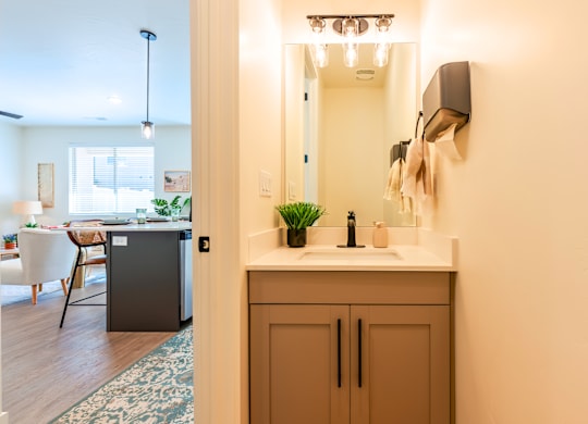 A kitchen with a sink and a cabinet.
