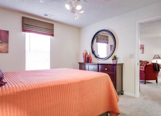 a bedroom with a bed and a mirror at Arbors at Windsor Lake, Columbia, 29223