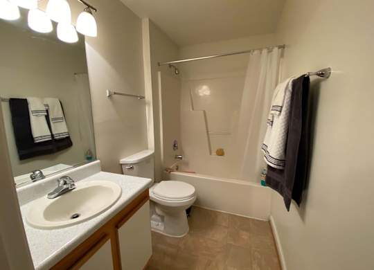 A white sink with a mirror above it and a toilet next to a bathtub.