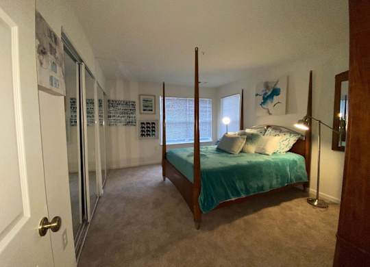 A bedroom with a bed, a dresser, and a mirror.