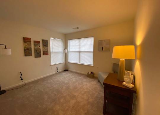 A room with a carpet floor, a lamp, a bed, and a window.