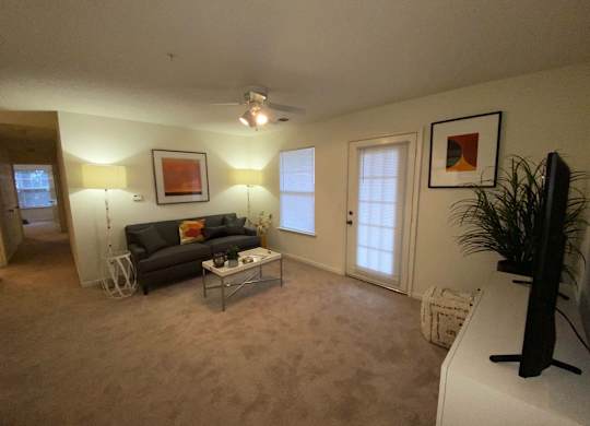 A living room with a couch, a coffee table, and a television.