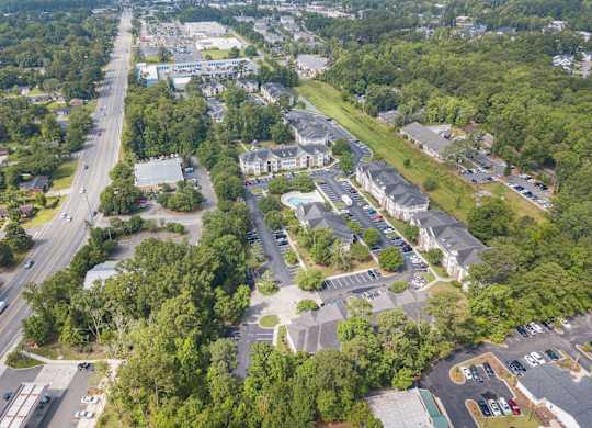 a view from the sky of a neighborhood with houses and trees at Palms on Ashley River Apartments, Ladson, 29456