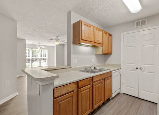 a kitchen with white appliances and wooden cabinets at Palms on Ashley River Apartments, Ladson, 29456