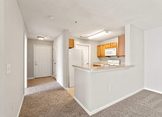 a kitchen and hallway with a carpeted floor at Palms on Ashley River Apartments, South Carolina