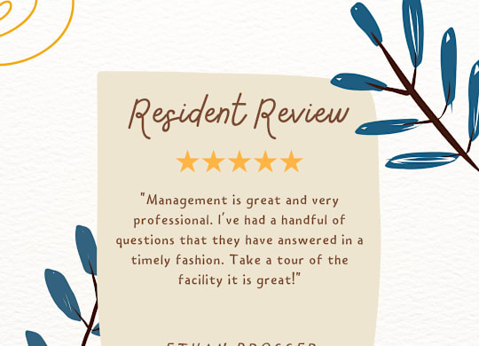 A resident review for Arbor Ridge with a five-star rating and a quote from a satisfied customer named Ethan Prosser.