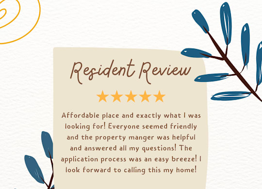 A resident review for Arbor Ridge, a property, is displayed on a beige background with a decorative leafy branch on the left side.