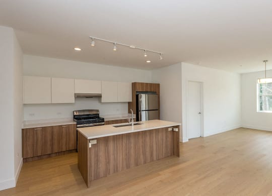 a kitchen with wooden cabinets and a counter top in an empty living room