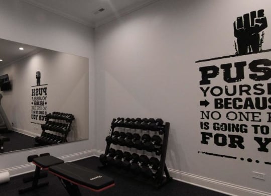 a gym with weights and a mirror on the wall  at Tripp 4321, Chicago, IL