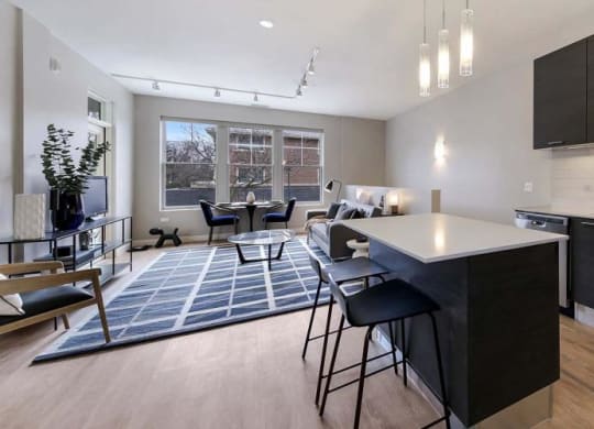 a kitchen with an island and a living room at Clarendon Hills 229, Clarendon, IL