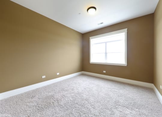 an empty room with a window and carpet
