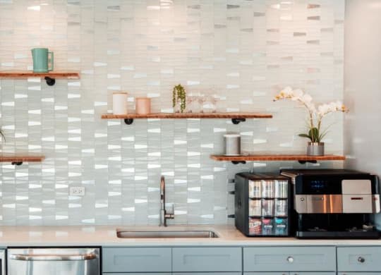 a kitchen with shelves on the wall at Barrington 101, Barrington, 60010
