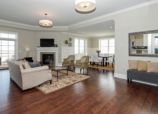 a living room with couches and chairs and a fireplace