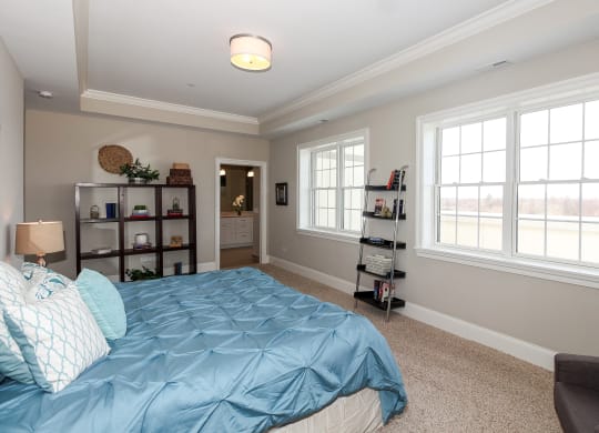a bedroom with a bed and two windows