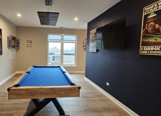 a game room with a pool table and a tv