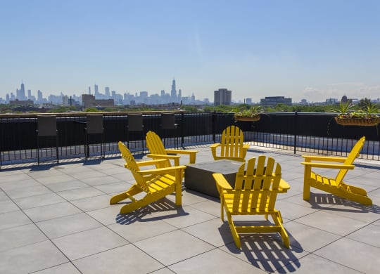 outdoor fireplace and city views 