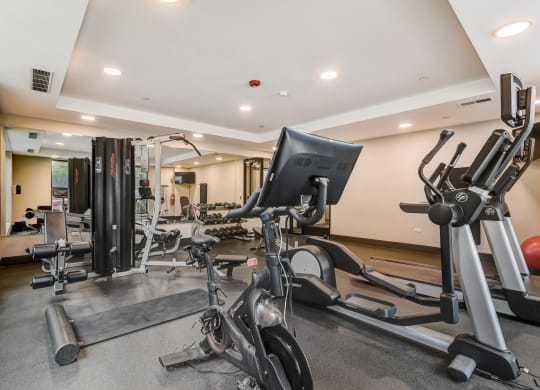 a gym with various machines and weights in a home gym at Clarendon Hills 229, Clarendon, 60514
