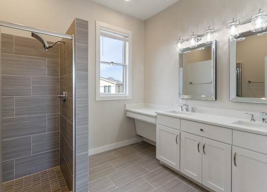a bathroom with a shower and two sinks and a mirror