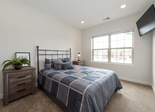 a bedroom with a bed and a window