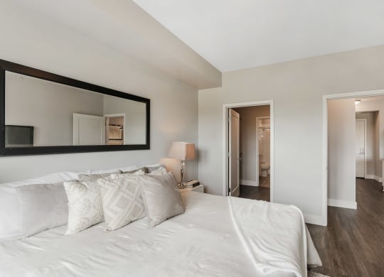 a bedroom with a large bed and a mirror at Barrington 101, Illinois, 60010