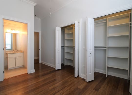 a bedroom with a closet and a sink and a mirror