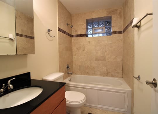 a bathroom with a tub and a sink and a toilet