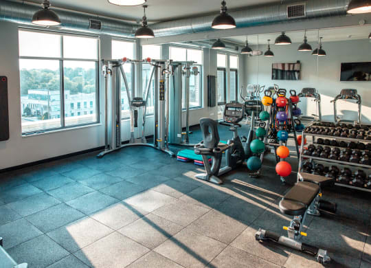 a gym with weights and other exercise equipment and windows at Barrington 101, Barrington, IL
