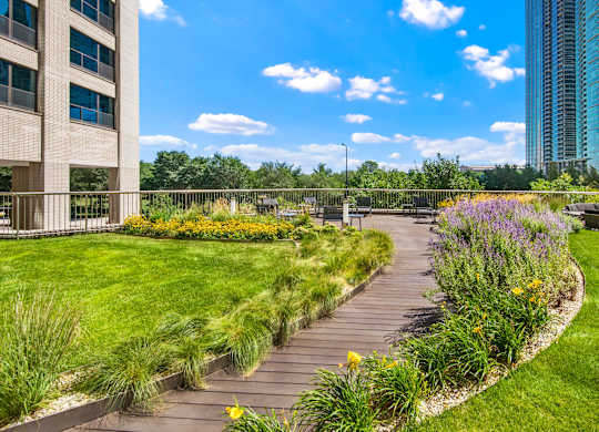 A walkway with a grassy area on either side.
