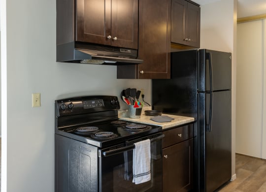 a kitchen with black appliances and wooden cabinets and a black refrigerator