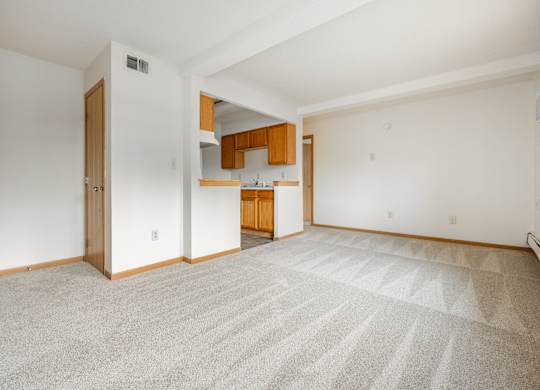 an empty living room and kitchen with white walls and carpet at Ames Lake Neighborhood Apartments, Minnesota
