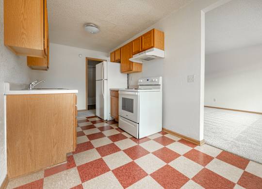 an empty kitchen with a checkered floor and white appliances at Ames Lake Neighborhood Apartments, St. Paul
