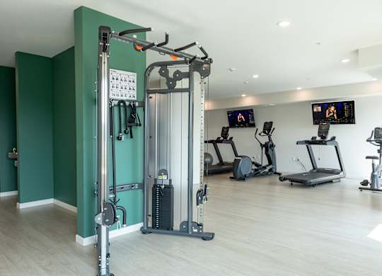 A gym with a variety of equipment including treadmills, stationary bikes, and weight machines.