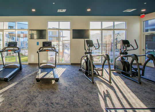 a gym with cardio equipment and windows at the district at highland village apartments