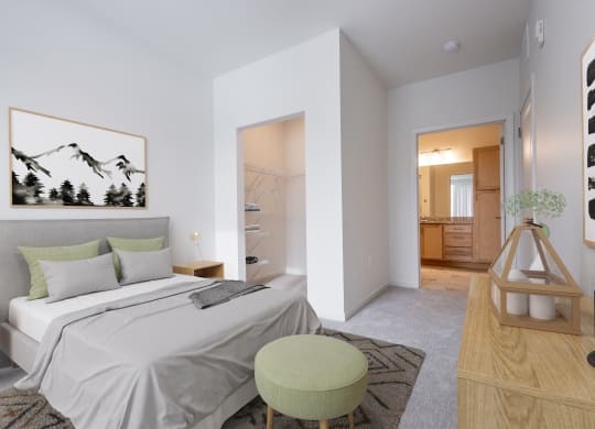 a bedroom with a large bed and a bathroom with a shower