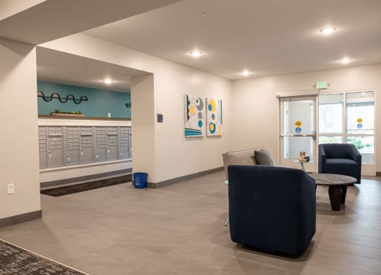 entryway overlooking mail room lockers
