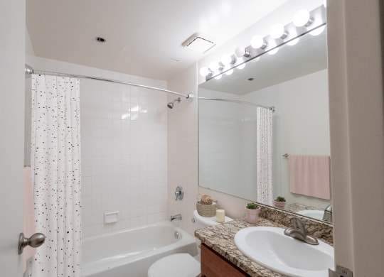 a bathroom with a sink and a tub and a mirror