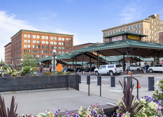 a view of the entrance to the market in the city