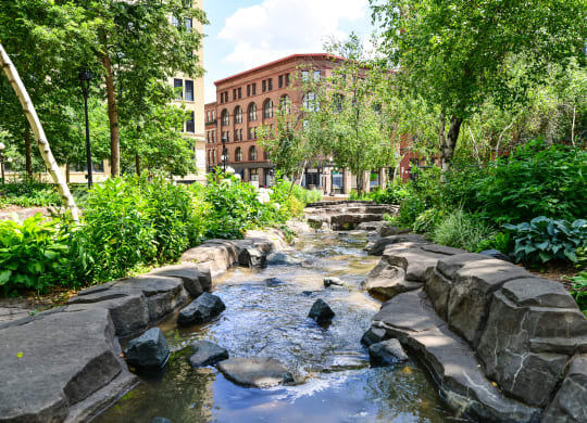 a river running through a park with rocks and trees