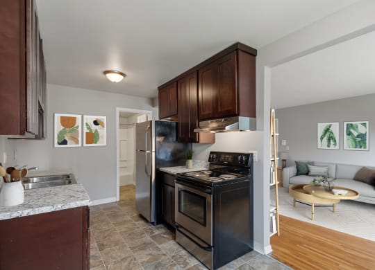 a kitchen with black appliances and a living room with a couch at Ames Lake Neighborhood Apartments, Minnesota, 55106