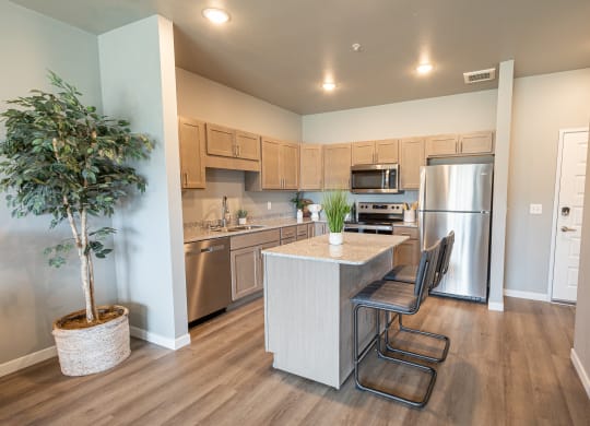 a kitchen with stainless steel appliances and a island with chairs