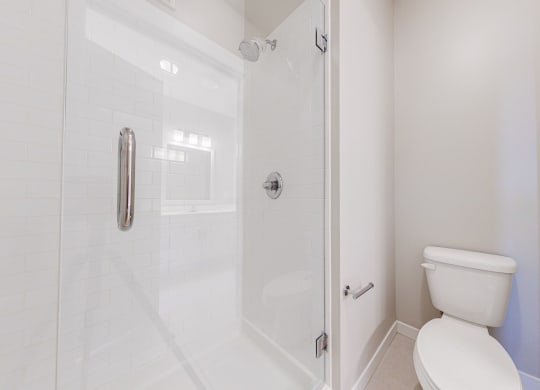 a bathroom with toilet and standing shower with glass door