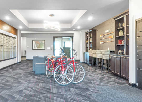 A room with a bicycle and a bench.