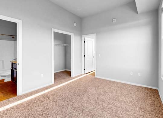 A large, empty room with a carpeted floor and a view of trees outside the window.